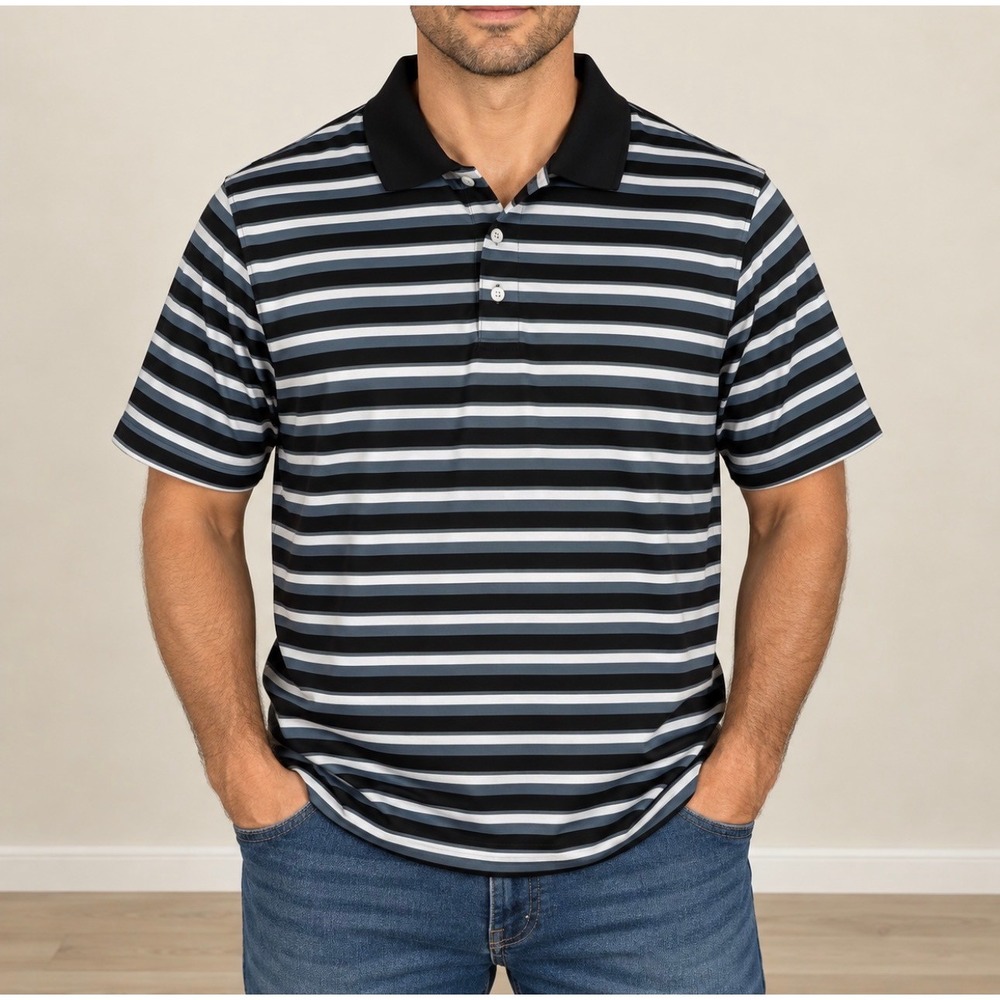 PGA Tour (Polo) (XL) [Black Blue White] Good Striped Performance Golf Shirt